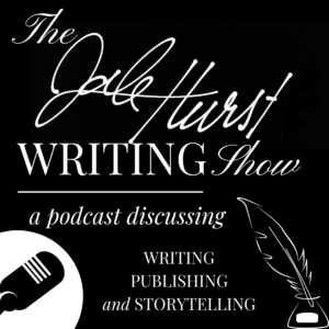 A banner with microphone and quill pen icons and words reading The Dale Hurst Writing Show a podcast discussing writing publishing and storytelling all on a dark background