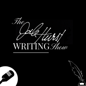 Black tile with The Dale Hurst Writing Show logo, plus icons of a quill pen and ink, and a microphone.