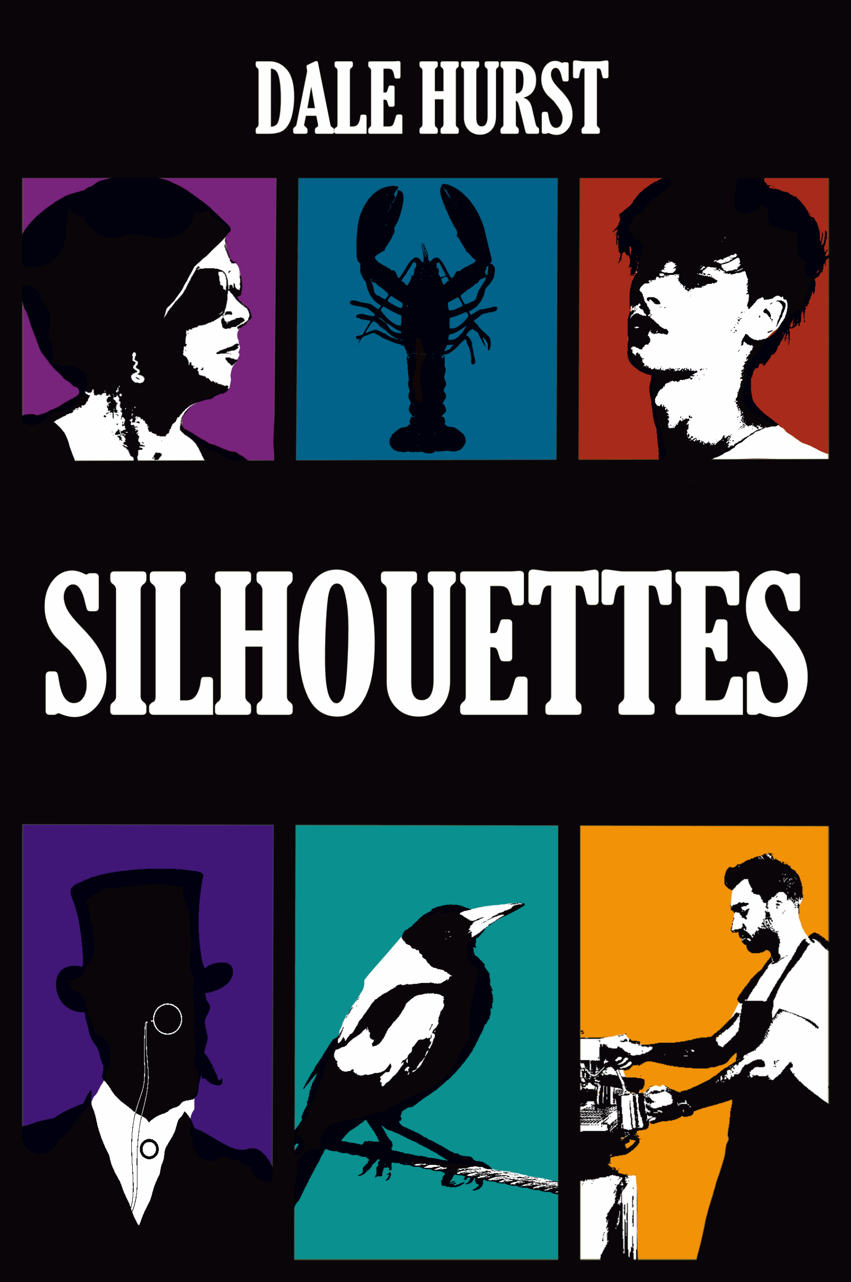 Black book cover with a grid of six pop art-style images, each with a different coloured background. The title SILHOUETTES appears in the centre.